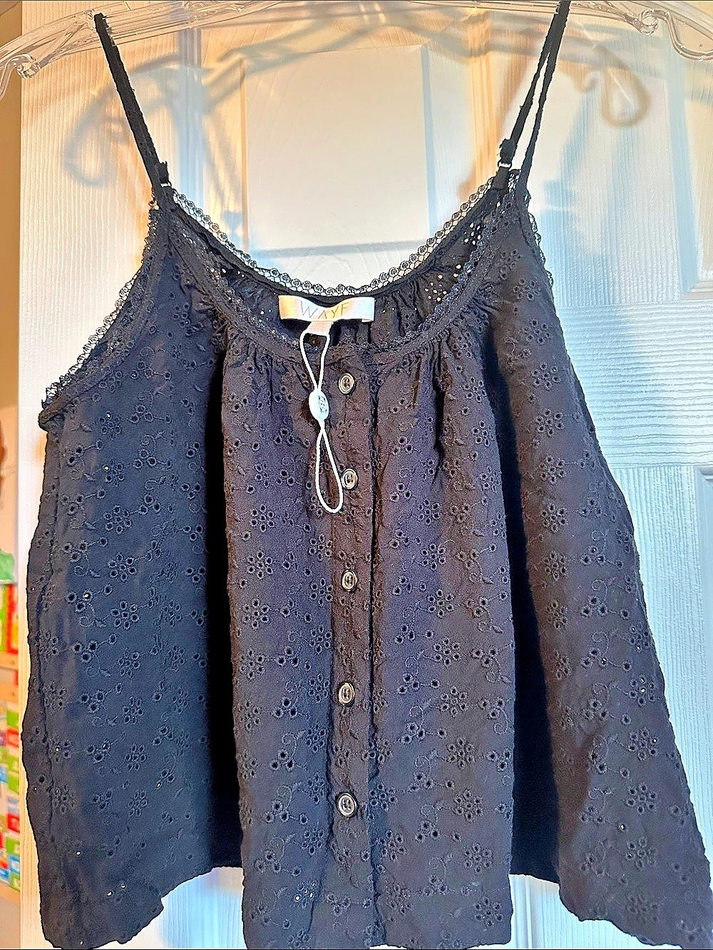 WAYF Eyelet Button-Front Blouse in Black NWT